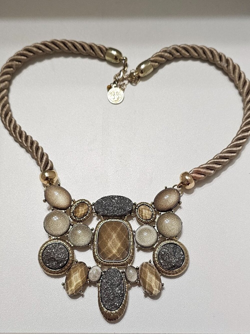 Vintage Bill Blass Bohemian Gold Druzy Cabochan Bib Statement Necklace Rope Cord
